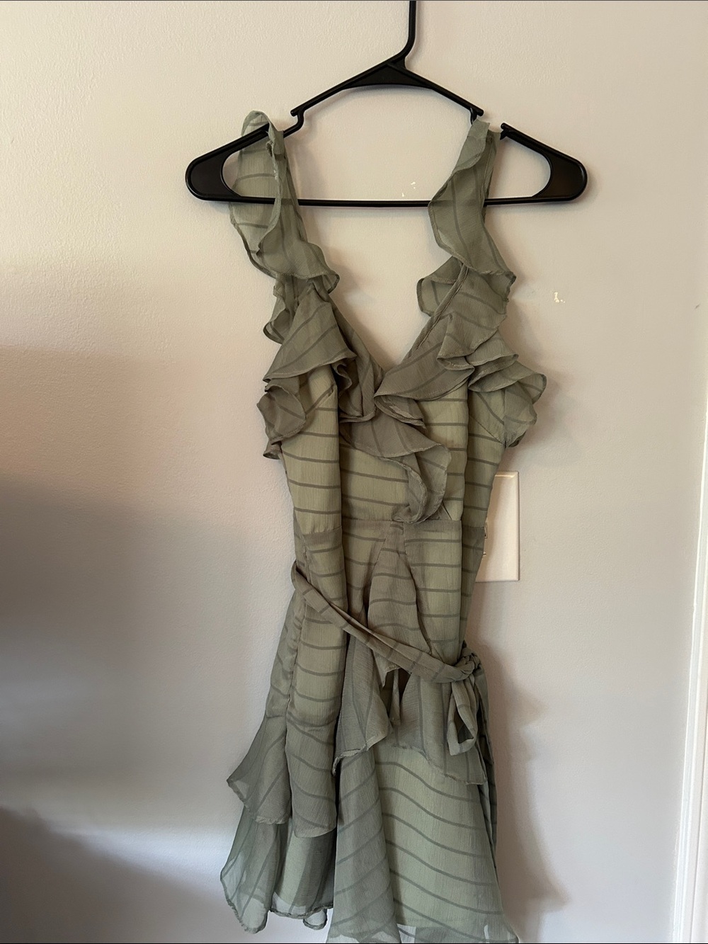 Sage Green Backless Ruffle Wrap Dress